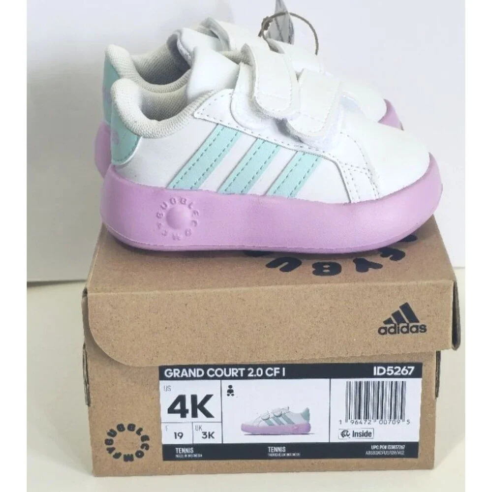 Adidas Grand Court 2.0 Girls Infant Shoes Size 4K White Turquoise Purple - Picture 1 of 11